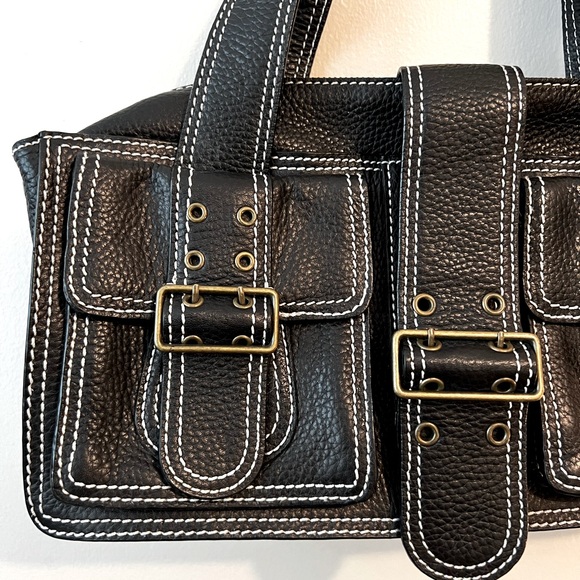 Cynthia Rowley black leather shoulder bag topstitch brass hardware zipper purse - Picture 4 of 9